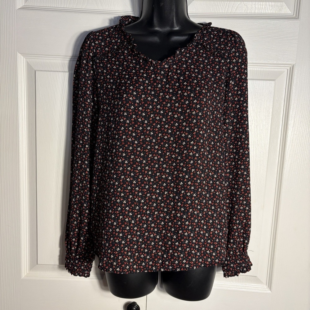 Loft Ditsy Floral Shirt Women XS Black Red Ruffle Long Sleeve V Neck Blouse Top